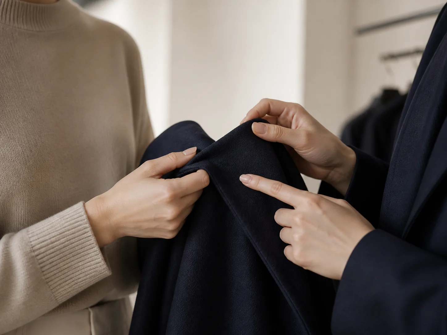 门店服务过程中,导购向顾客展示服装面料细节